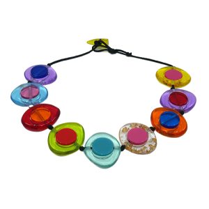 N0060 - RESIN NECKLACE DISK AND CYLINDER ON STRING SHORT "SATURN" 50CM